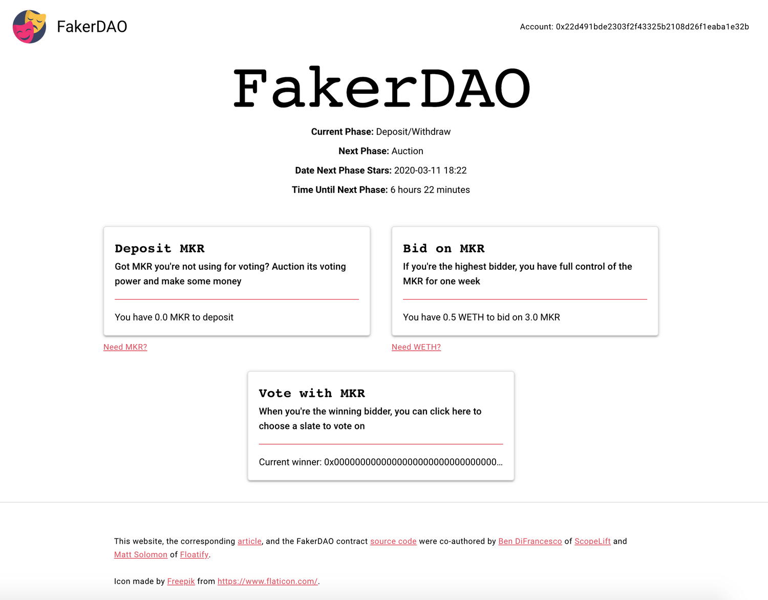 FakerDAO UI running on the Kovan testnet at kovan.fakerdao.com