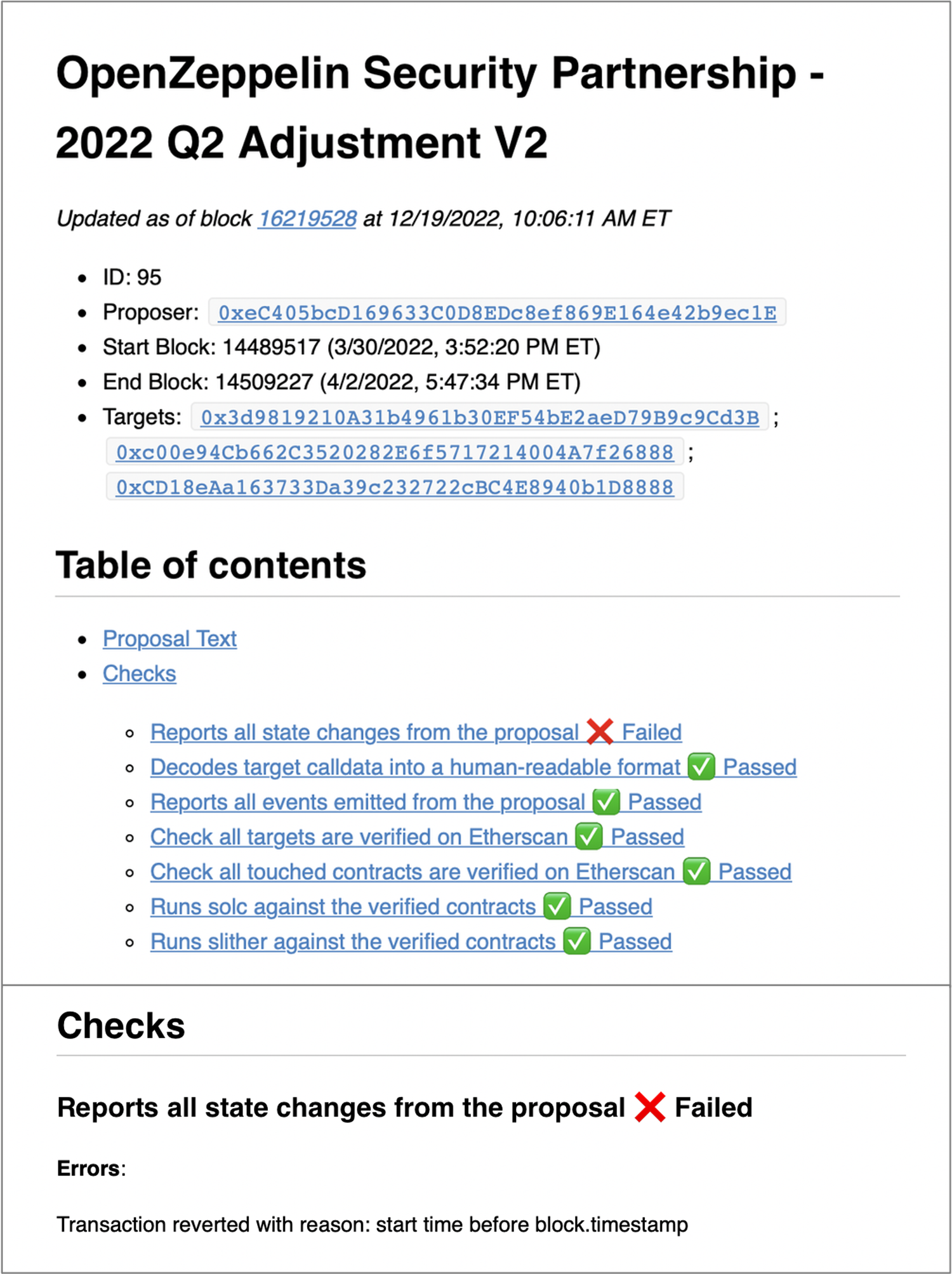 The Seatbelt report for Compound Proposal 95 showing the error in the proposal which would have caused it to revert.